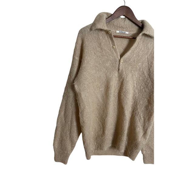 Auralee Japan Brushed Mohair Wool Polo Sweater Tan Mens 3/L - Picture 10 of 11